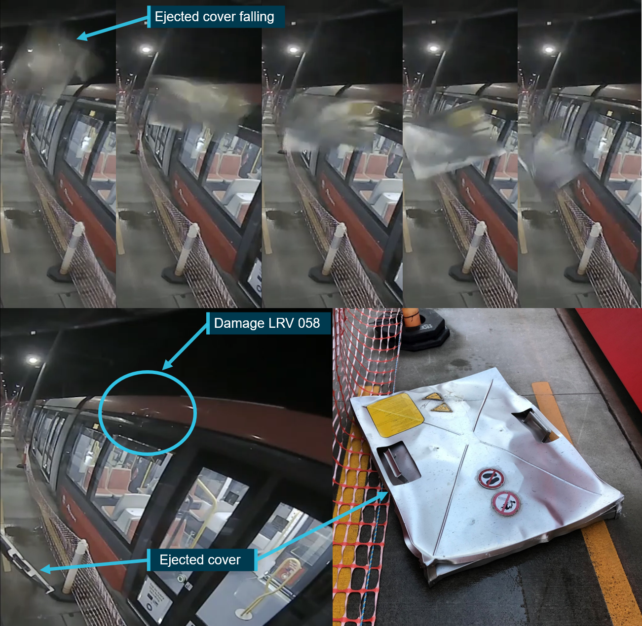 Figure 2: Battery enclosure cover landing and on the ground.<br />
The figure shows stills from the external CCTV from LRV 005. The ejected cover from LRV 053 struck LRV 005 and 058 and fell between the two vehicles.<br />
Source: Transdev and OTSI, modified and annotated by OTSI