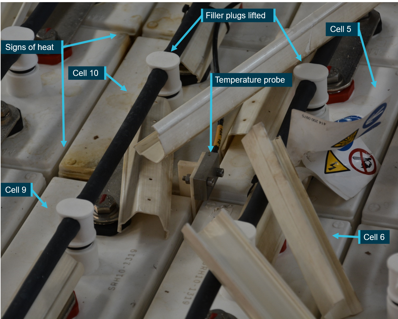 Figure 11: LRV 053 battery cells and temperature probe.<br />
The image shows a close up view of signs of heat between battery cells 9 and 10 and between cells 10, 11, 12 and 13. The temperature probe can also be seen to be sitting up and not in direct contact with the top of the battery cells.<br />
Source: OTSI