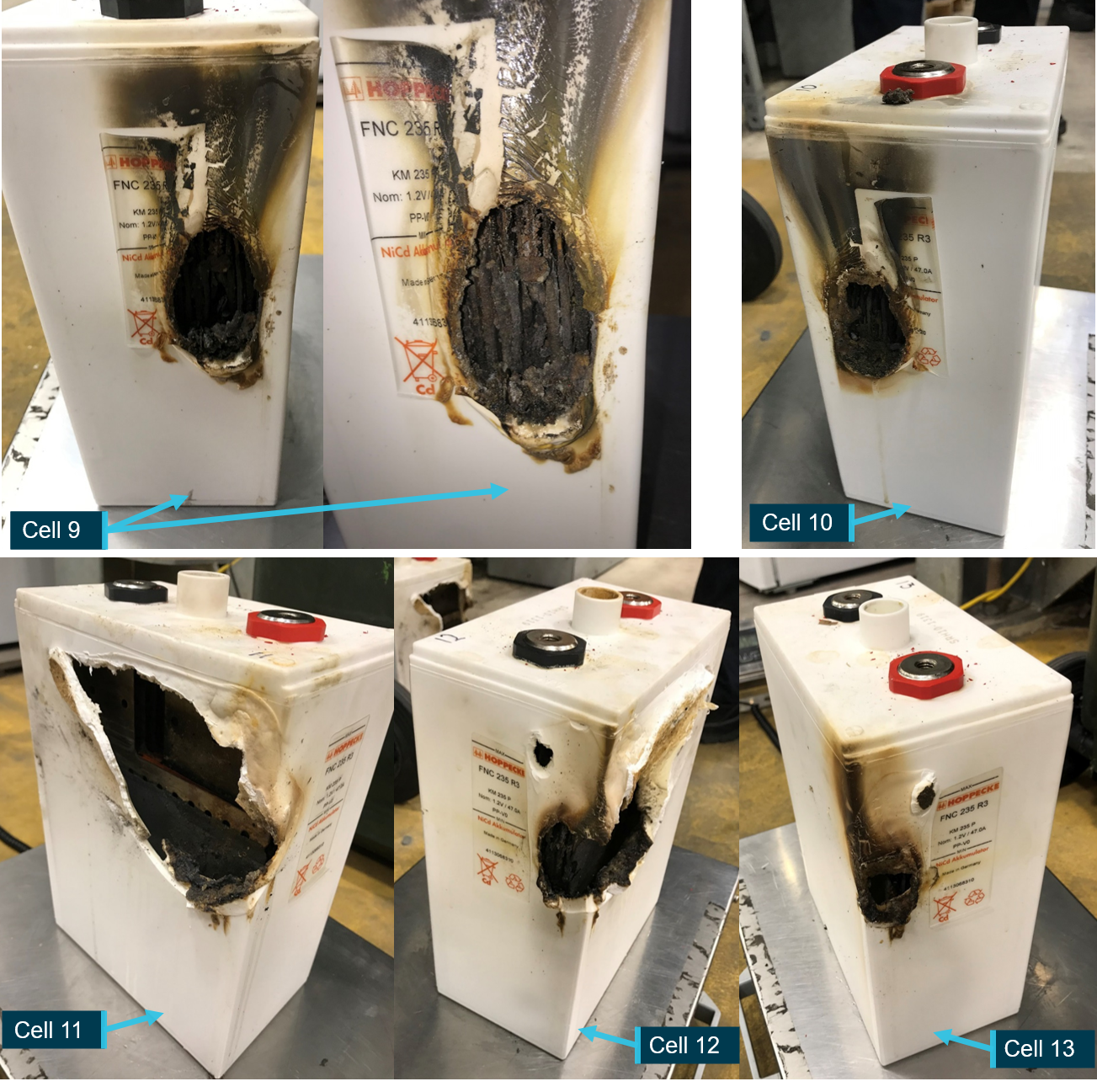 Figure 12: Battery cells 9 to 13.<br />
The image shows the damage to the cell casings for batteries 9 to 13. Cell casings for batteries 11 and 12 were fused and required mechanical separation to remove from the battery compartment.<br />
Source: OTSI