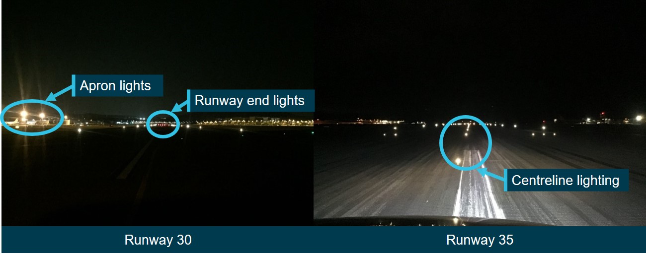 Figure 1: Night comparison of runway 30 and runway 35 from intersection Golf.<br />
Note: The vehicle lights were turned on in the runway 35 photograph (right).<br />
Source: Canberra Airport, annotated by the ATSB