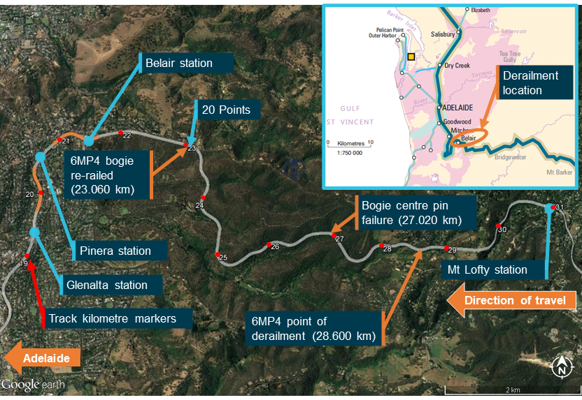 Figure 1: ARTC track from Mount Lofty station to Glenalta station, including derailment information.<br />
Image shows ARTC track from Mount Lofty station to Glenalta station in grey, with red indicators showing kilometre markers. Location of key events indicated with orange markers.<br />
Source: Pacific National and ATSB, annotated by the ATSB