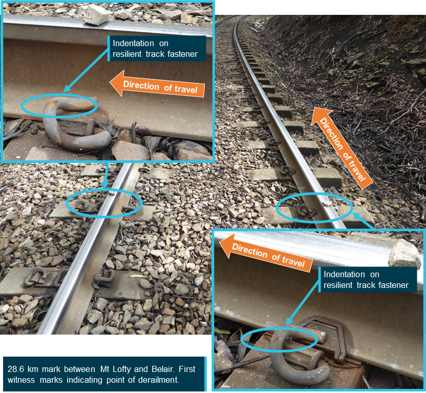 Figure 3: Initial evidence of derailment between Mount Lofty and Belair.<br />
Image shows the location of the initial wheel witness marks on the upper surface of the resilient track fastenings at the 28.6 km mark.<br />
Source: ATSB