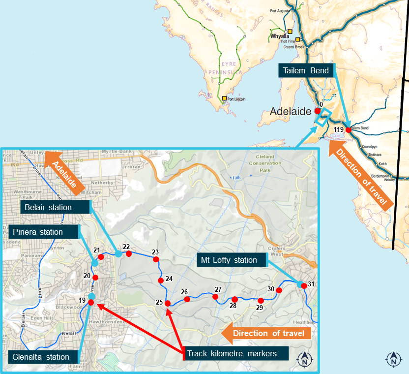 Figure 8: Location of derailment site, between Mount Lofty and Glenalta.<br />
Image shows location of derailment site within South Australia, and inset image shows ARTC track in greater detail from Mount Lofty Railway Station to Glenalta Railway Station.<br />
Source: ARA Railways of Australia Map 2014 and Australian Government National Map, both annotated by the ATSB