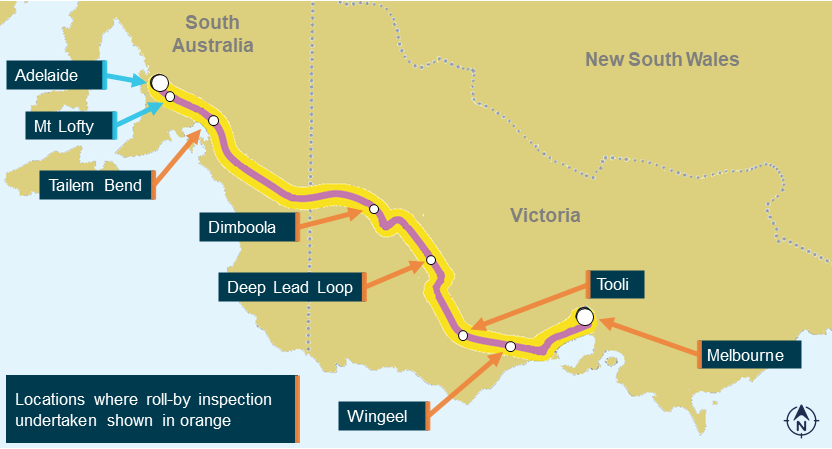 Figure 16: ARTC Adelaide to Melbourne corridor, with 6MP4 roll-by inspection locations.<br />
Image shows the location of the roll-by inspections undertaken on 6MP4 on its journey between Melbourne and Mount Lofty, noting roll-by location labels shown in orange.<br />
Source: ARA annotated by the ATSB