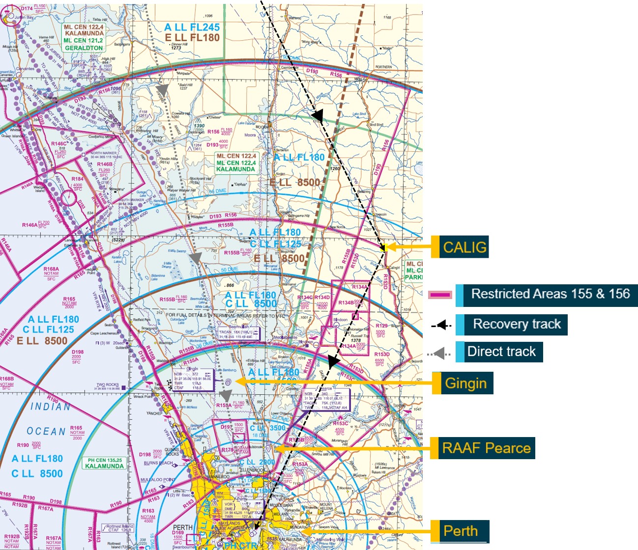 Figure 3: Plan view – Restricted areas R155 and R156 north of Perth