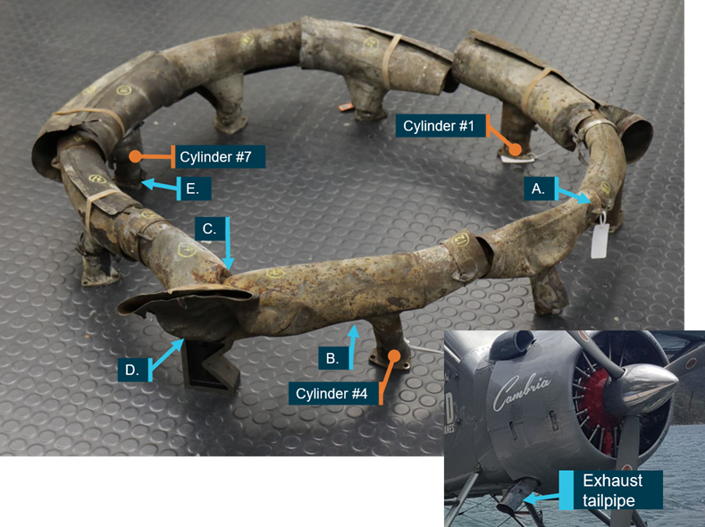 VH-NOO exhaust segments and location of exhaust tailpipe on aircraft (inset)