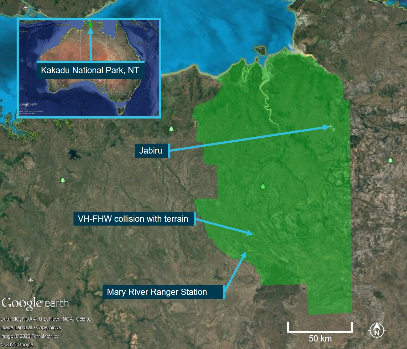 Figure 1: Kakadu National Park and location of accident