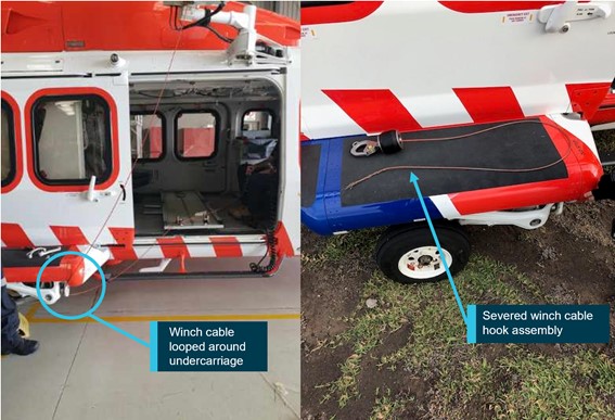 Figure 1: Reconstruction of cable fouling and severed winch cable hook assembly