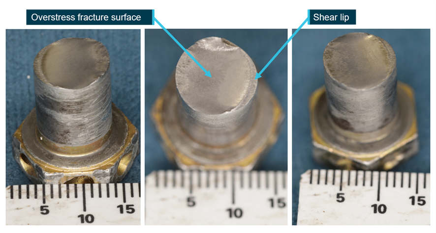 The three recovered main landing gear mount bolt heads with partial shanks