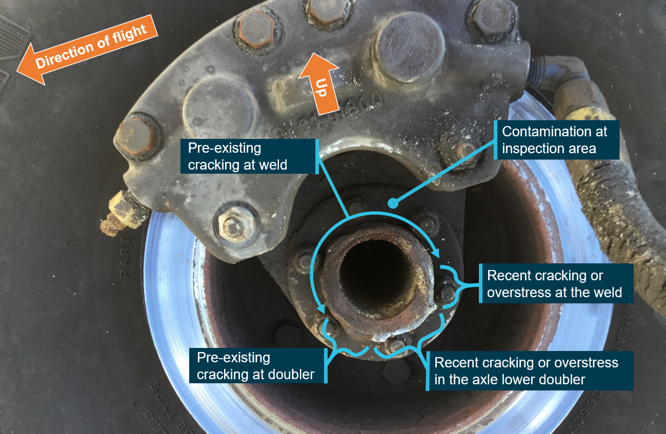 VH-BFS right main landing gear axle failure taken just after 31 October 2019 occurrence