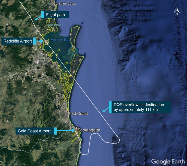 VH-DQP flight path and distance from Redcliffe Airport