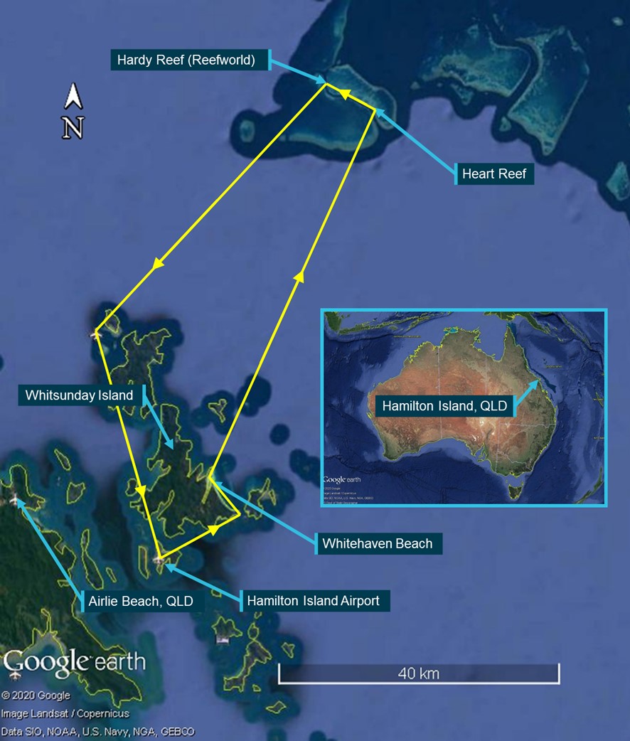 Figure 1: Planned scenic flight path from Hamilton Island to Hardy Reef (Reefworld) and return