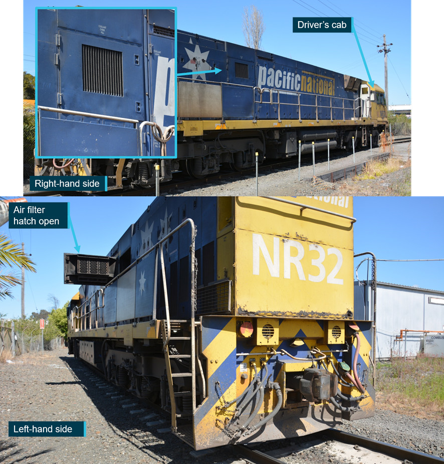 NR locomotive air filter hatch configuration. The right-hand and left-hand sides of an NR locomotive are shown. The left-hand side of the locomotive is shown with the air filter hatch open and protruding past the body of the locomotive (rolling stock outline).