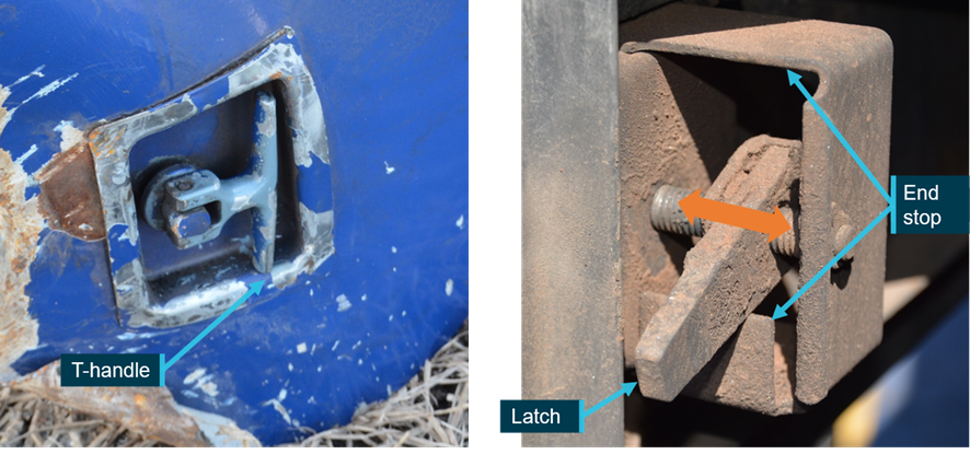 Air filter hatch latch. The image on the left shows the T-handle with the handle folded flat. The image on the right shows the latch in the locked position. Clockwise rotation of the T-handle would cause the latch to slide forward on the lower end stop. In response to anti-clockwise rotation of the handle the latch would rotate vertically and slide backwards on the upper end stop.