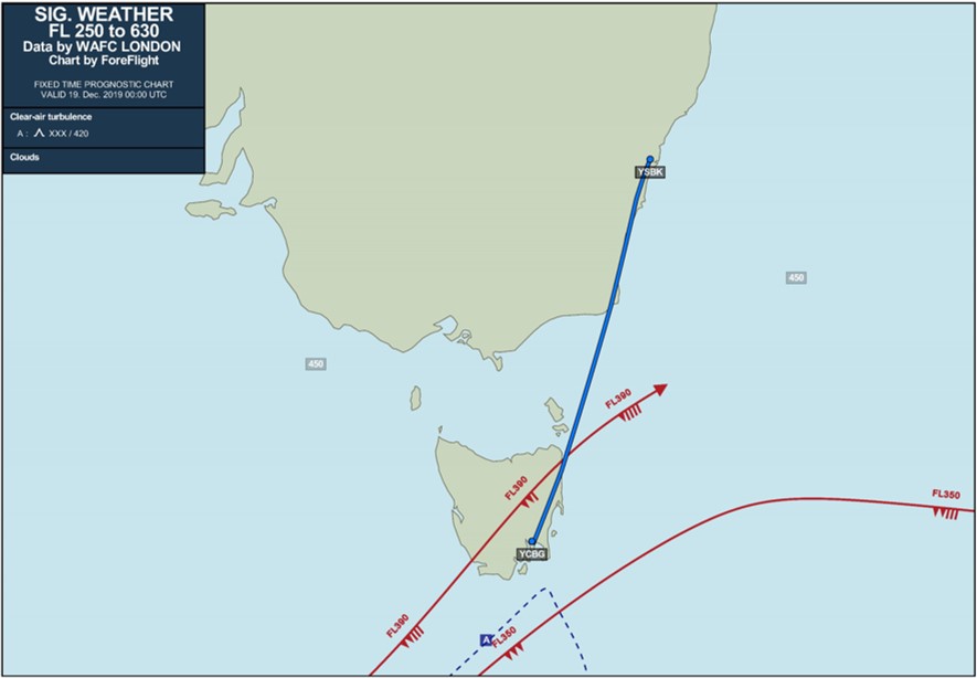 Source: Pilot The SIGWX chart covered FL 250 to 630 (Figure 11). The pilot incorrectly interpreted the chart as showing no significant weather at the planned flight level (FL 180), and expressed an understanding that the chart was a graphical representation of SIGMETs. Figure 11: ForeFlight significant weather chart for planned flight