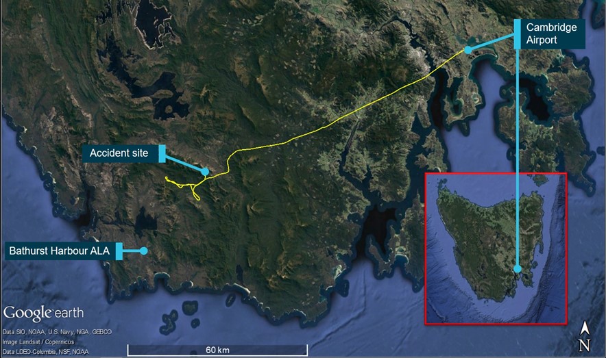 Figure 1: Track of VH-OBL from Cambridge Airport towards Bathurst Harbour, showing the accident location