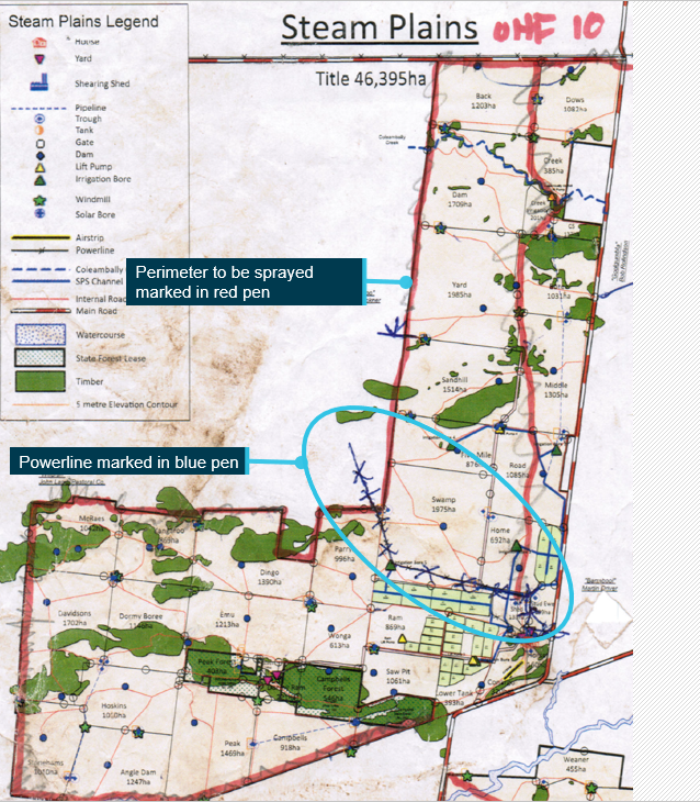 Source: ATSB  The ATSB examined the helicopter and did not identify any evidence of in-flight breakup, birdstrike, or pre-existing defects that may have contributed to the wirestrike. Consistent with normal agricultural operations, the pilot door was not fitted at the time of the accident. Significant structural deformation of the helicopter’s left front quarter and seat was consistent with a heavy impact on that side, to the extent that there was no occupiable space for the front left seat. On the right (pilot’s) side, there was crushing of the seat lower box section (as designed, to absorb vertical impact loads) and some right-side roof deformation, associated with the left-front impact. Although compromised, occupiable space on the right side of the fuselage remained.  There were no issues identified with the flight controls, and examination of the engine found no anomalies that would have affected the engine’s performance. Evidence that the main rotor was being driven under power included that one of the main rotor blades showed significant chordwise bending and, from the other blade, a section of blade tip, measuring 850 mm and weighing 5.3 kg had fractured as a result of ground impact and was thrown approximately 300 m from the accident site.  The loader had recorded uplift of 40 L of Avgas prior to the start of the fifth load. A large quantity of fuel remained in the left fuel tank, and testing indicated no evidence of water or contaminants. There was no post-impact fire.  The chemical holding tank had been compromised and no visible herbicide remained, but a strong odour indicated that a quantity had leaked and soaked into the ground where the aircraft had come to rest. The pilot-controlled spray switch was in the on position.  Operational information Helicopter operator Riverina Rotor Work, trading as Riverina Helicopters, was the registered owner and operator of VH-HNF. Riverina Helicopters held a CASA-issued Air Operator’s Certificate to conduct aerial work and aircraft charter operations. Of relevance to this occurrence, the Riverina Helicopters Operations Manual included: Specialised operations [including aerial spraying] Protective helmets shall be worn for all specialised operations.  Low level operations Before descending to conduct low level operations, the pilot in command shall conduct a reconnaissance of the area and identify the hazards noted from the study of the charts and to make a note of other hazards not indicated on the charts.  Agricultural operations – helicopters The Company shall be responsible for supplying pilots with up to date maps and charts of the various treatment areas, clearly displaying all hazards associated with those areas. However, prior to the commencement of operations, the pilot in command shall become familiar with the task by personal inspection and briefing by drawing a ‘field map’ of each area to be treated. Pilots should be aware that any locally supplied information is often incorrect but it does at least provide a guide and can be verified during aerial inspection of the area. A copy of the applicable field map(s) should be taken by the pilot on each sortie…agricultural pilots are required to carry out a preliminary aerial inspection of the area to be treated including the adjacent manoeuvring areas in all directions, paying particular attention to the location of obstructions including those, if any, outside the actual treatment area. In addition, the operator’s Management System procedure – Conduct an application, included that: The pilot will conduct a pre-application aerial inspection of the target ensuring that they have confirmed the following with their work order: iii.   Power Lines, Towers, Aerials, moisture probes & other obstacles are located and identified  Steam Plains task The station manager had previously engaged Riverina Helicopters for aerial work in 2010, 2012, 2016 and March 2020. Commencing on 29 July 2020, the station manager had contracted Riverina Helicopters to spray weeds along the fence and adjacent track at Steam Plains and a neighbouring property as a firebreak. The pilot conducted the same task during the 2016 engagement.  Pre-flight planning On the morning of 29 July (day 1 of the 3-day task), the chief pilot was delayed leaving Griffith in the helicopter due to fog. The pilot drove the loading truck and the station manager reported that it arrived at about 0800. The station manager met the pilot at the truck and gave the pilot a briefing of the task. This briefing included discussing the chemicals that would be used for spraying, the application rate of the chemicals, areas to be sprayed, flight path and hazards. The station manager provided the pilot with maps of Steam Plains and the adjacent property. The maps had been provided to the property owner on purchase in 2008, at which time the property owner had assessed by ground vehicle that the markings on the maps appeared to be correct.   The spray application path had been drawn on the map in red marker pen by the station manager. Using the map, the station manager briefed the pilot about the location of crops, stock and people working in the area. The pilot used a blue pen to over-mark the powerlines (Figure 4). When the chief pilot arrived later that morning, the pilot passed on the details from the briefing, including the powerlines.  The station manager met with the pilot and chief pilot on the morning of 31 July, at about 0650. They discussed the day’s plan including reviewing the map. Before commencing operations, the pilot and chief pilot briefed on the day’s operation again, including the task, map and powerline location.  Prior to the fifth (accident) load, the pilot fuelled the helicopter and discussed with the chief pilot the shape of the boundary fence to be sprayed on the next sortie and the location of the powerline.   Figure 4: Map of Steam Plains Station showing spray path (red) and powerline (blue)