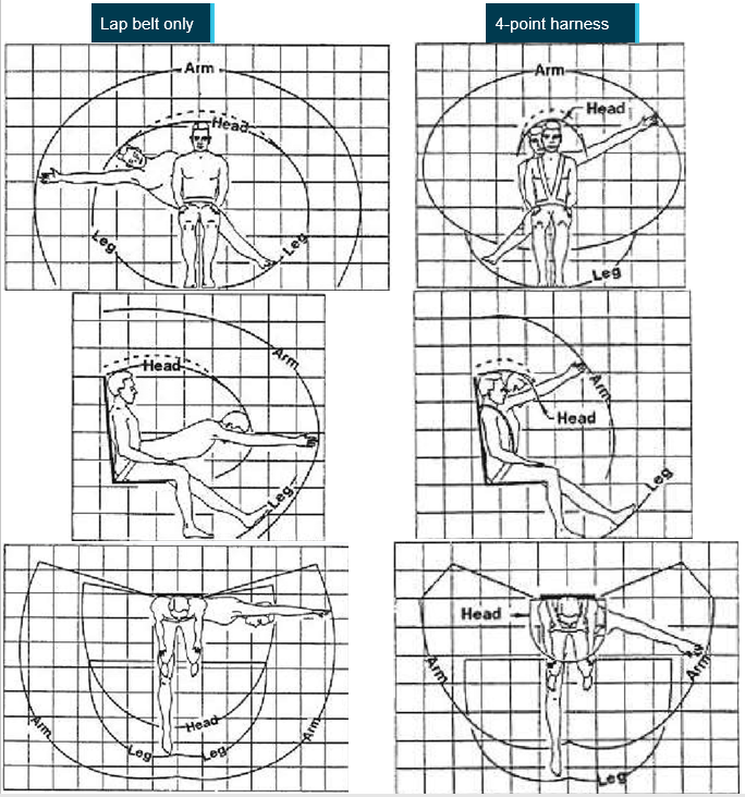 Figure 7: Lap belt only (2-point harness) and 4-point harness flail zone