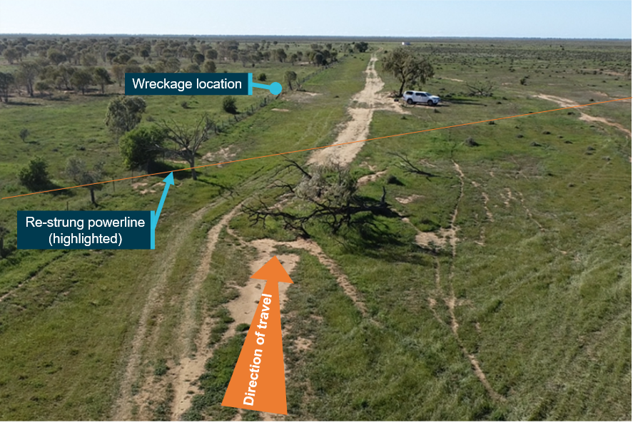 Figure 11: RPA image 50–75 m prior to the powerline showing the accident location, taken at 1028 on 4 August 2020, with powerline highlighted