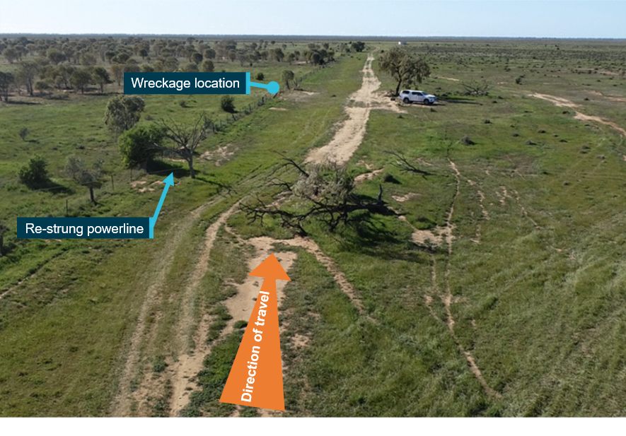 Figure 12: RPA image 50–75 m prior to the powerline showing the accident location, taken at 1028 on 4 August 2020, noting powerline visibility