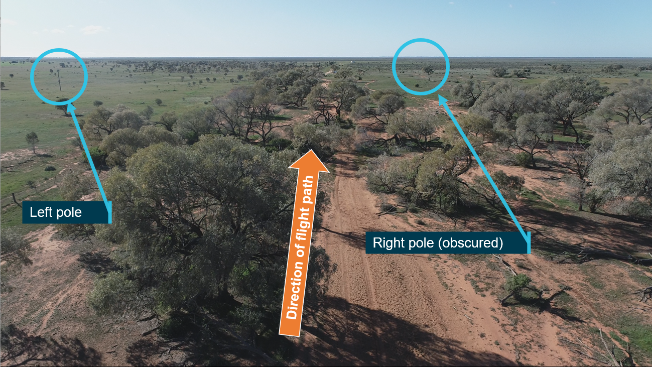 Source: lookupandlive app annotated by the ATSB Figure 14: RPA footage of reconstructed flight path showing location of poles left and right of track from about 160 and 350 m respectively