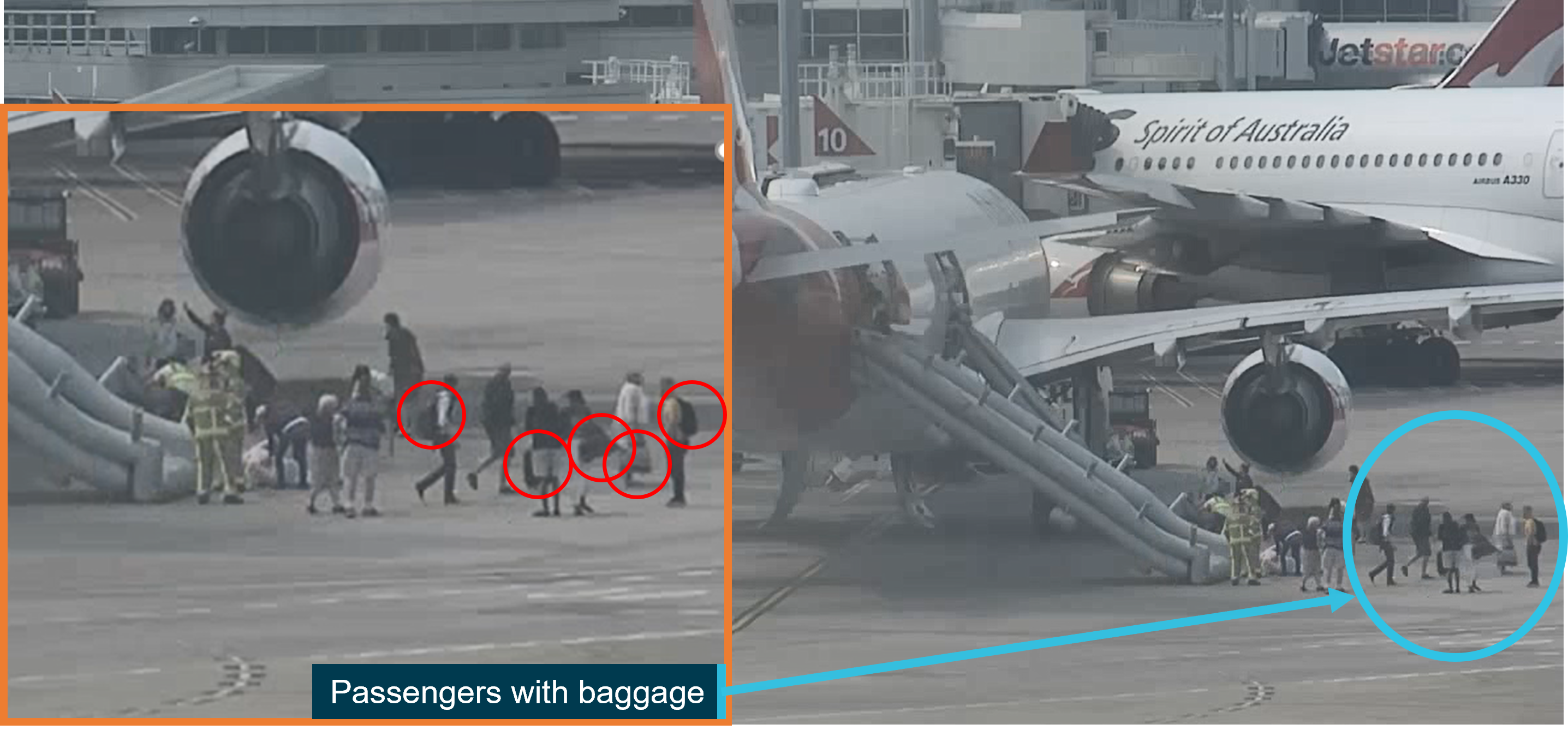 Figure 3: Still image showing passengers evacuating with cabin baggage