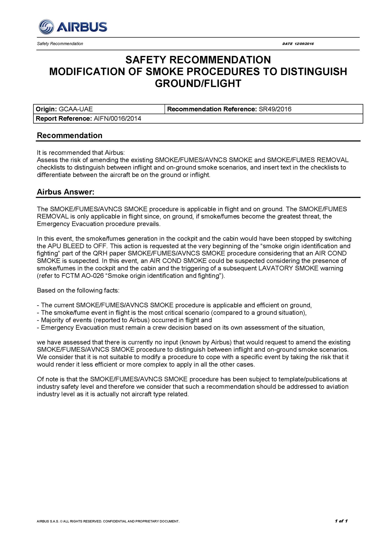 Airbus response to recommendation SR49/2016