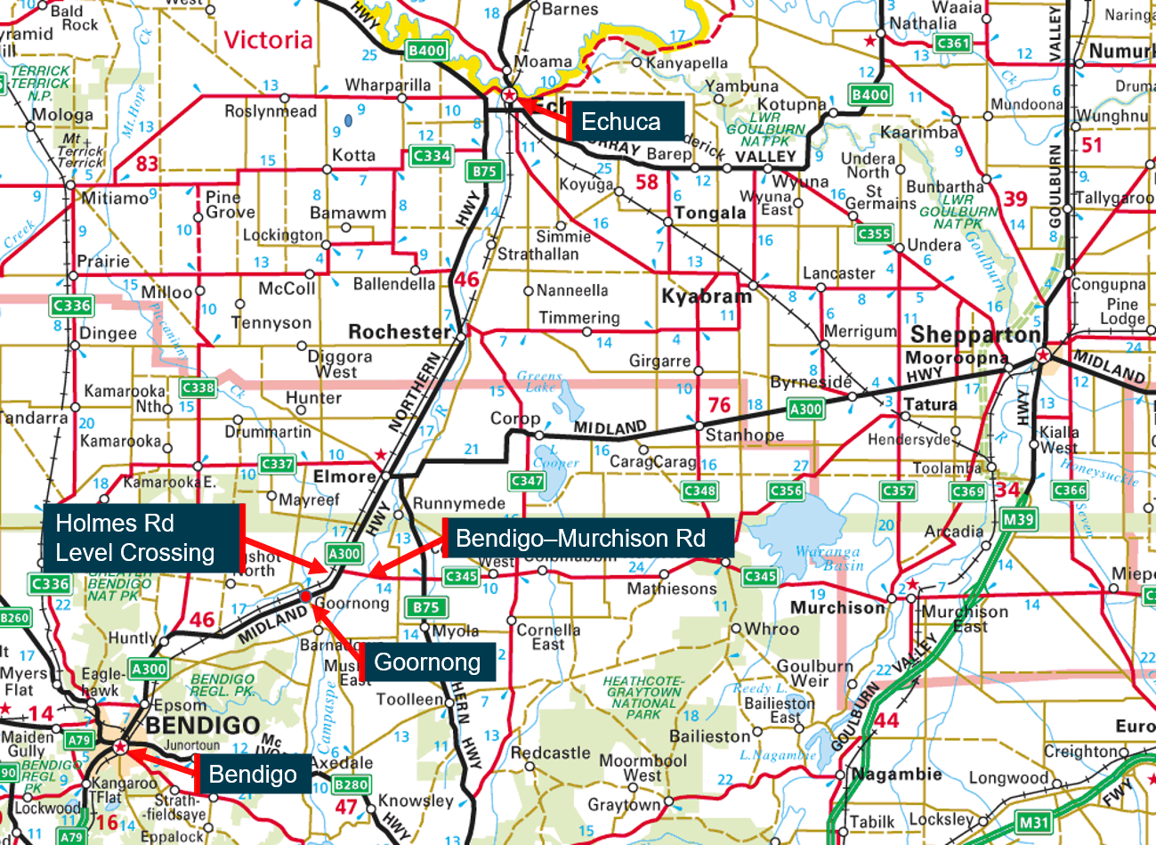 Figure 1: Broad gauge rail route from Echuca to Bendigo