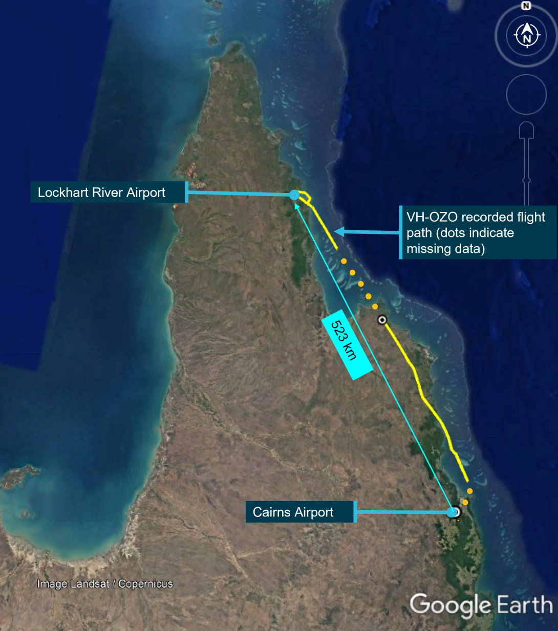 VH-OZO recorded flight path from Cairns to Lockhart River, Queensland