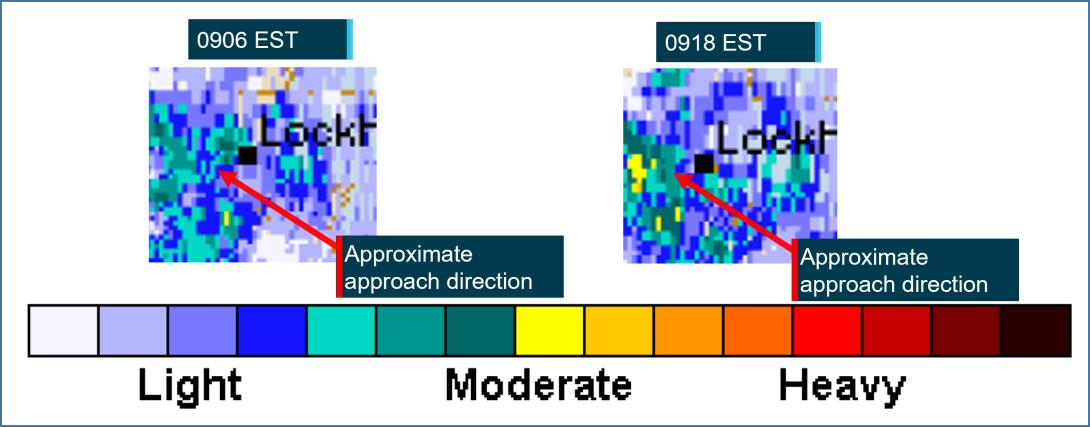 Extract of Weipa radar images at 0906 (time of the first approach) and 0918 EST showing rain rate on the approach path to runway 30 at Lockhart River Airport