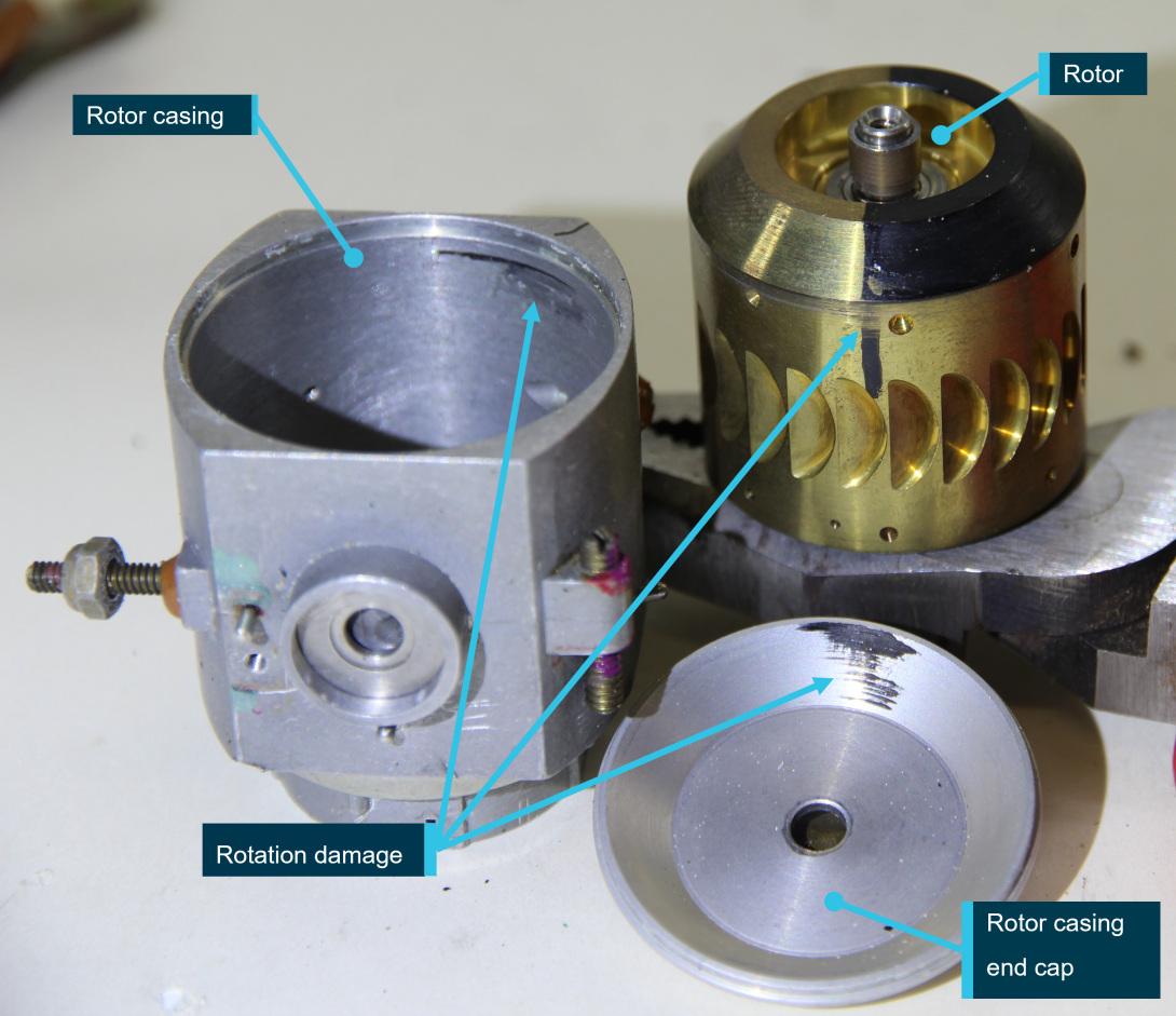 Left artificial horizon internal components showing rotational contact damage