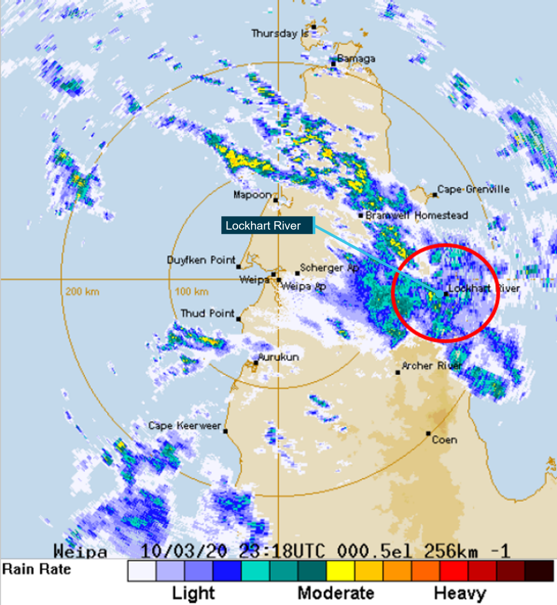 Weipa radar image at 0918 EST (about 2 minutes prior to the accident) showing weather in Lockhart River area (circled, approximate radius 25 NM/46 km)