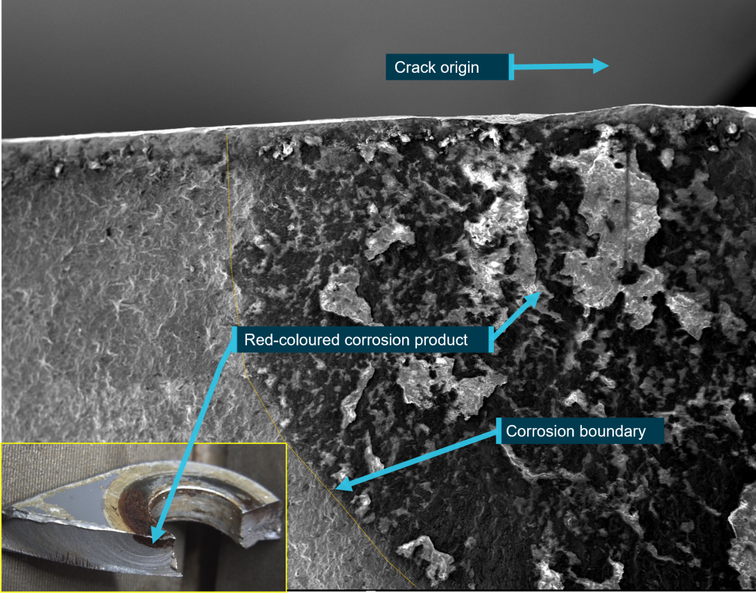 Fracture surface of separated section showing corrosion boundary with inset showing crack surface discoloration