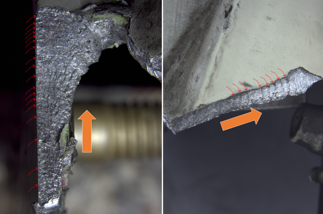 Figure 5: Fatigue regions 1 (left) and 2 (right) on the failed programming roller cartridge