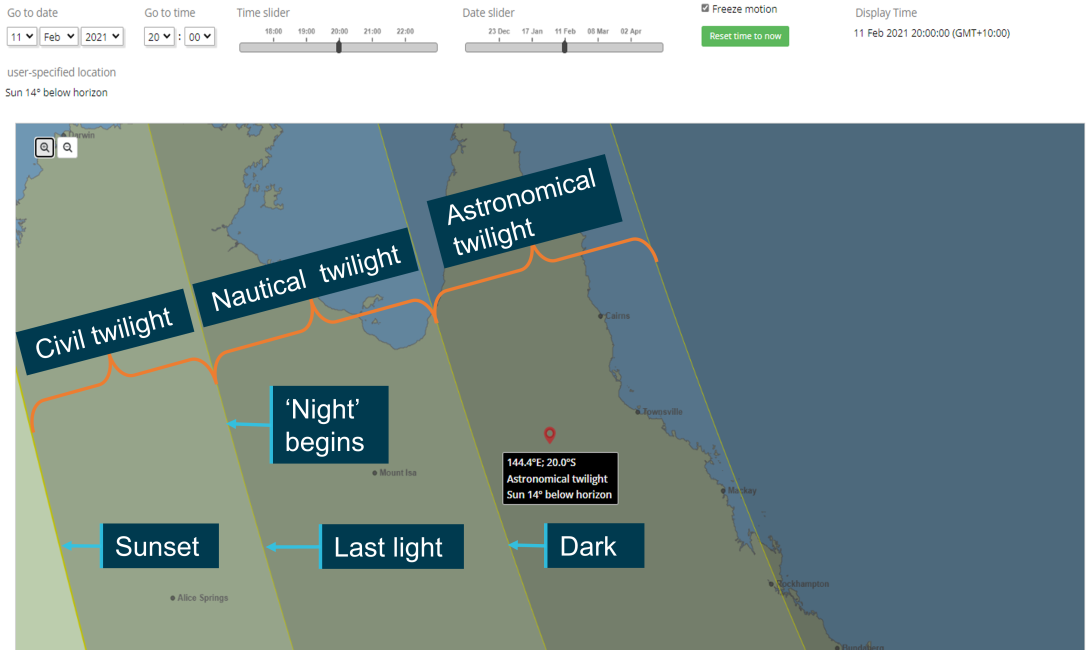 Figure 11: Regions of twilight relative to VH-HKC accident location at 2000 EST