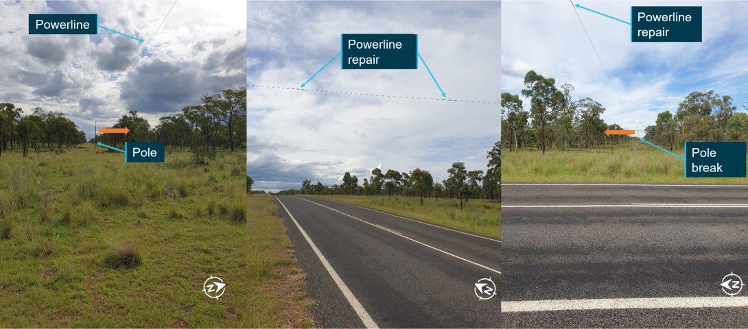 Figure 3: Powerline above the Kennedy Developmental Road showing location of break and direction of supporting pole movement