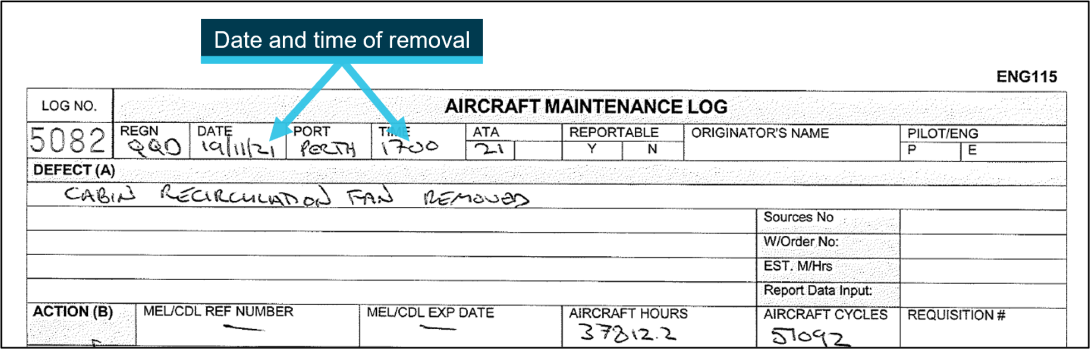 Figure 1: Aircraft maintenance log entry for recirculation fan removal