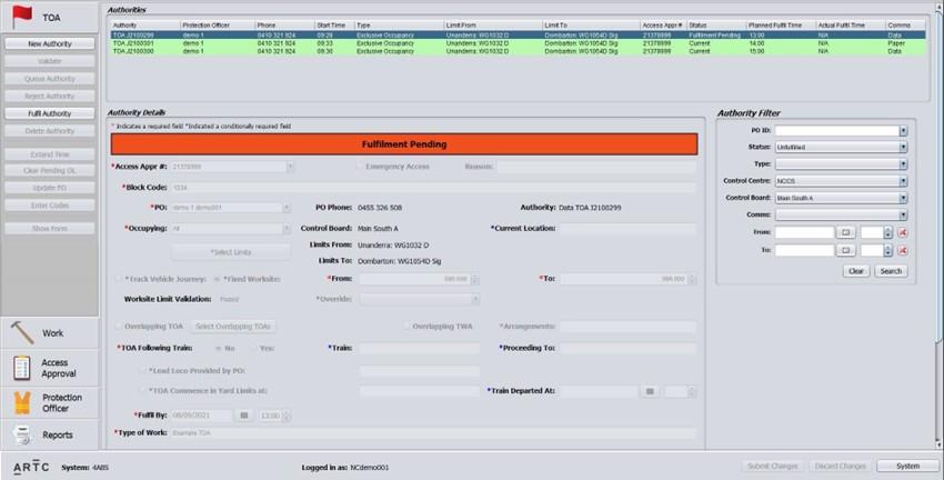  eTAP screen shot for TOA fulfillment on Network Controller workstation