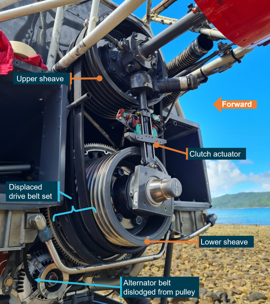 Figure 2: Drive system of VH-SXC showing the rear two drive belts remaining on the upper and lower sheaves 