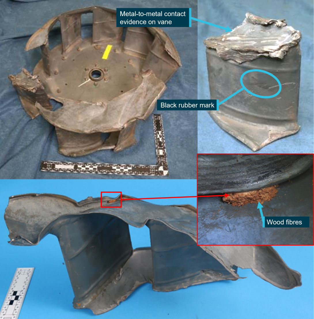 Figure 7: Fragmented cooling fanwheel and liberated fragments: a vane section sustained severe metal-to-metal contact and a lager section contained entrapped wood fibres