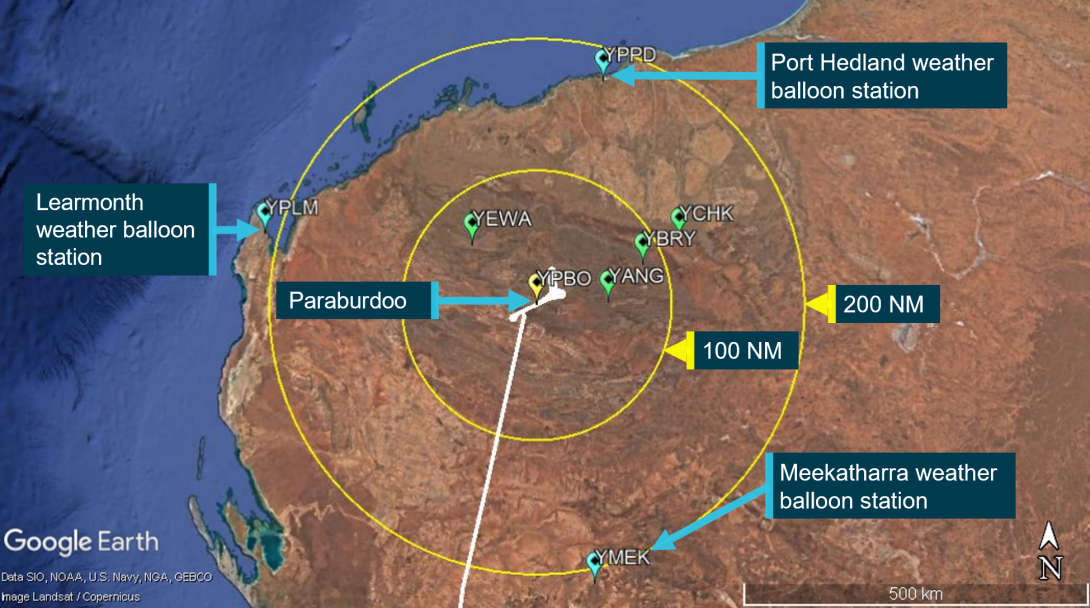 Weather balloon stations relative to Paraburdoo