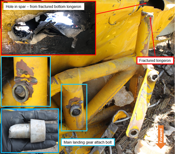 Figure 11: Fuselage frame longeron fracture and associated impact damage with main spar damage to right wing