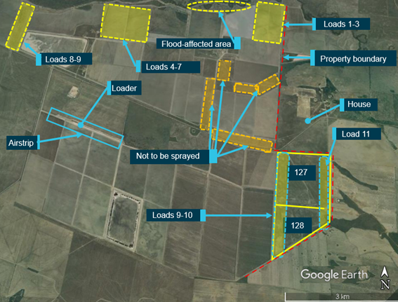 Figure 2: Operating area including target spray blocks, location of airstrip, property boundary and neighbouring house  