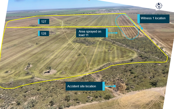 Figure 5: Aerial photo of target spray area taken 10 December 2021, showing accident site and witness location  