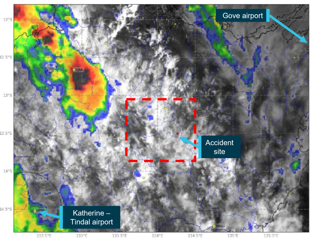 Figure 7: Weather satellite imagery showing cloud and convective activity over the region of the accident site at 0900. Subsequent changes in convective activity (within the boxed region) are further highlighted in Figure 8