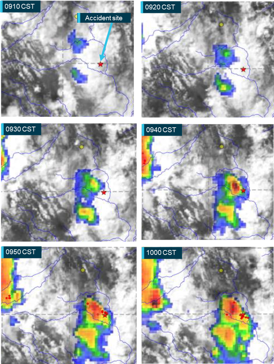 Figure 8: Close-up montage of satellite imagery and convective activity overhead the accident site from 0910 to 1000