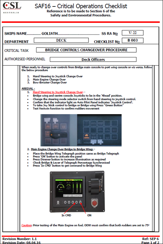 Critical operations checklist – Bridge controls changeover procedure