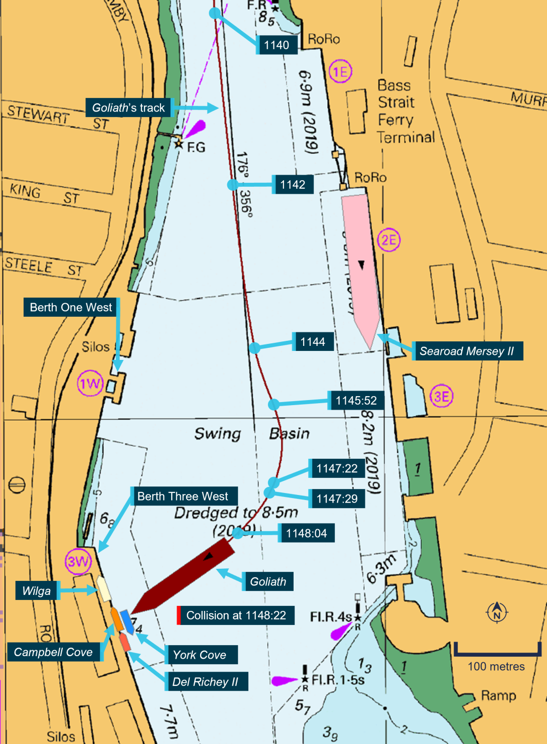 Figure 6: Section of chart Aus 164 showing Goliath's track and sequence of collision