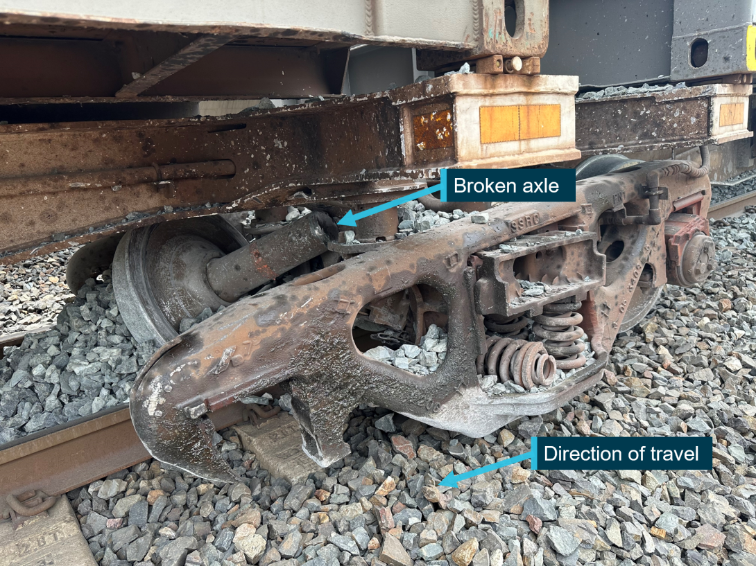 Figure 3: Damaged bogie showing half of the fractured axle half in-situ