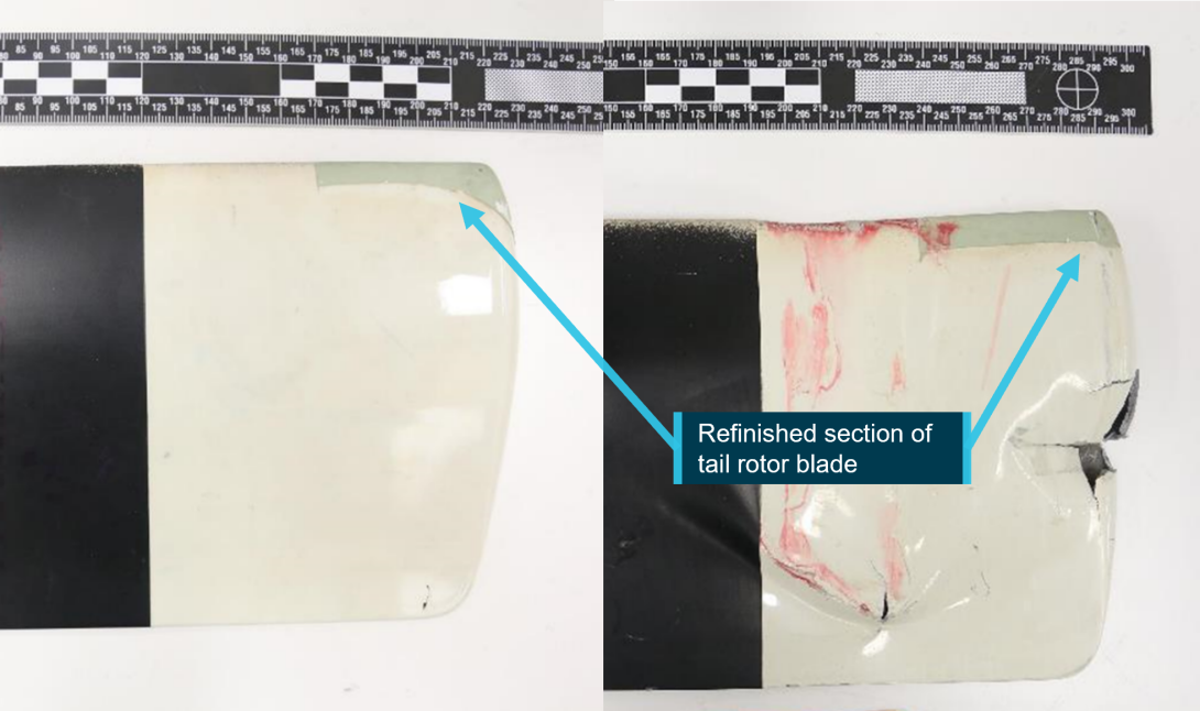 Figure 4: Refinished area of tail rotor blades (Paint transfer and damage due to accident)